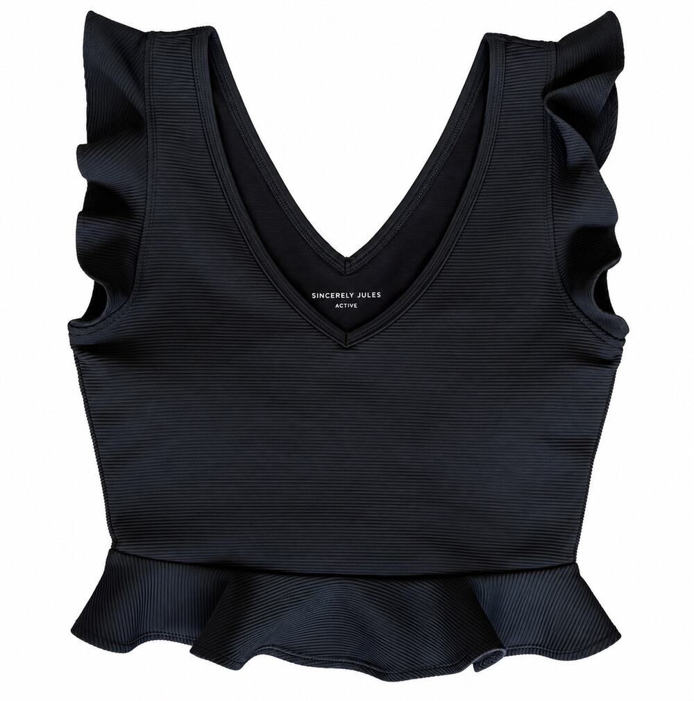 Sincerely Jules Active Black Ruffle V-Neck Crop Top Women’s Size Small